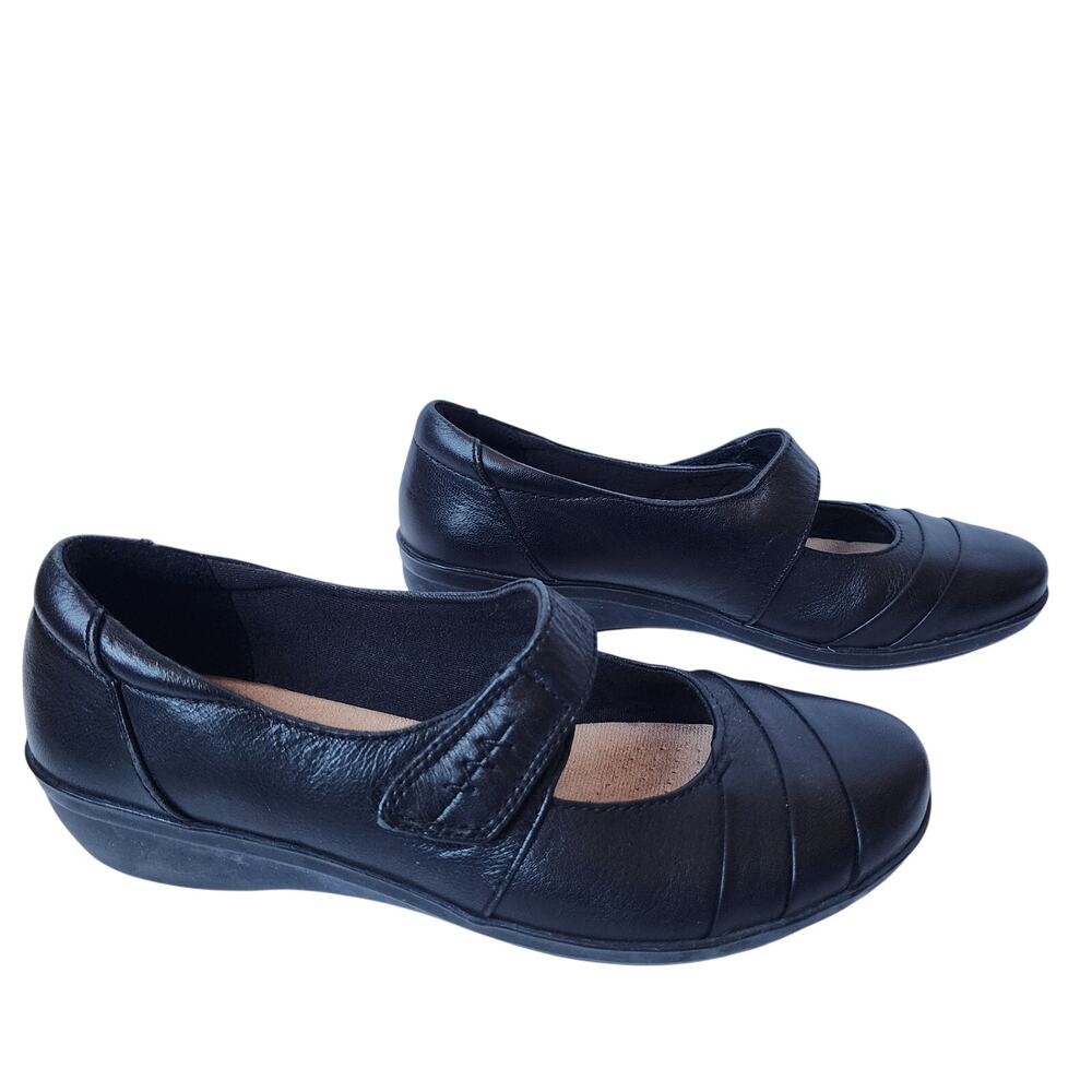 Clarks Mary Jane Shoes Womens Size 7 Black Leather Soft Cushion Hook And Loop